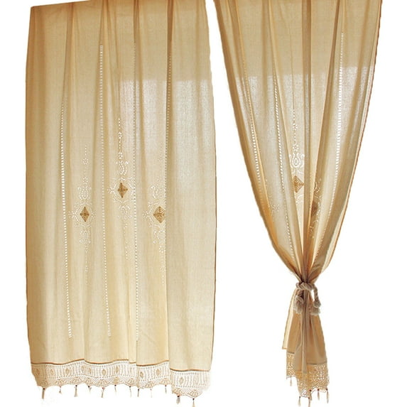 ZHH Linen Cotton Farmhouse Embroidery Curtain Natural, Cotton Linen Curtains, ,Tab Top Curtains, Room Darkening Drapes, Curtains For Bedroom, Curtains For Living Room,Beige 1 Panels Curtain