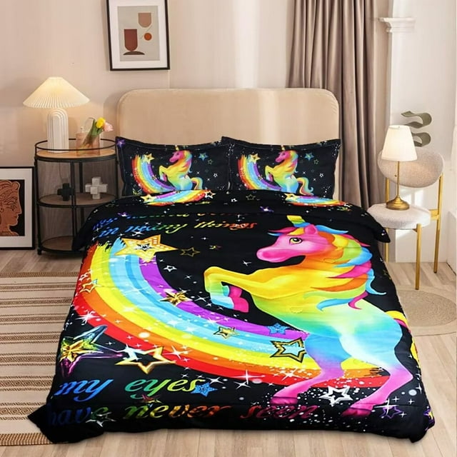 ZHH Rainbow Unicorn Comforter Set Cute Kids Bedding 3 Piece Black Quilt