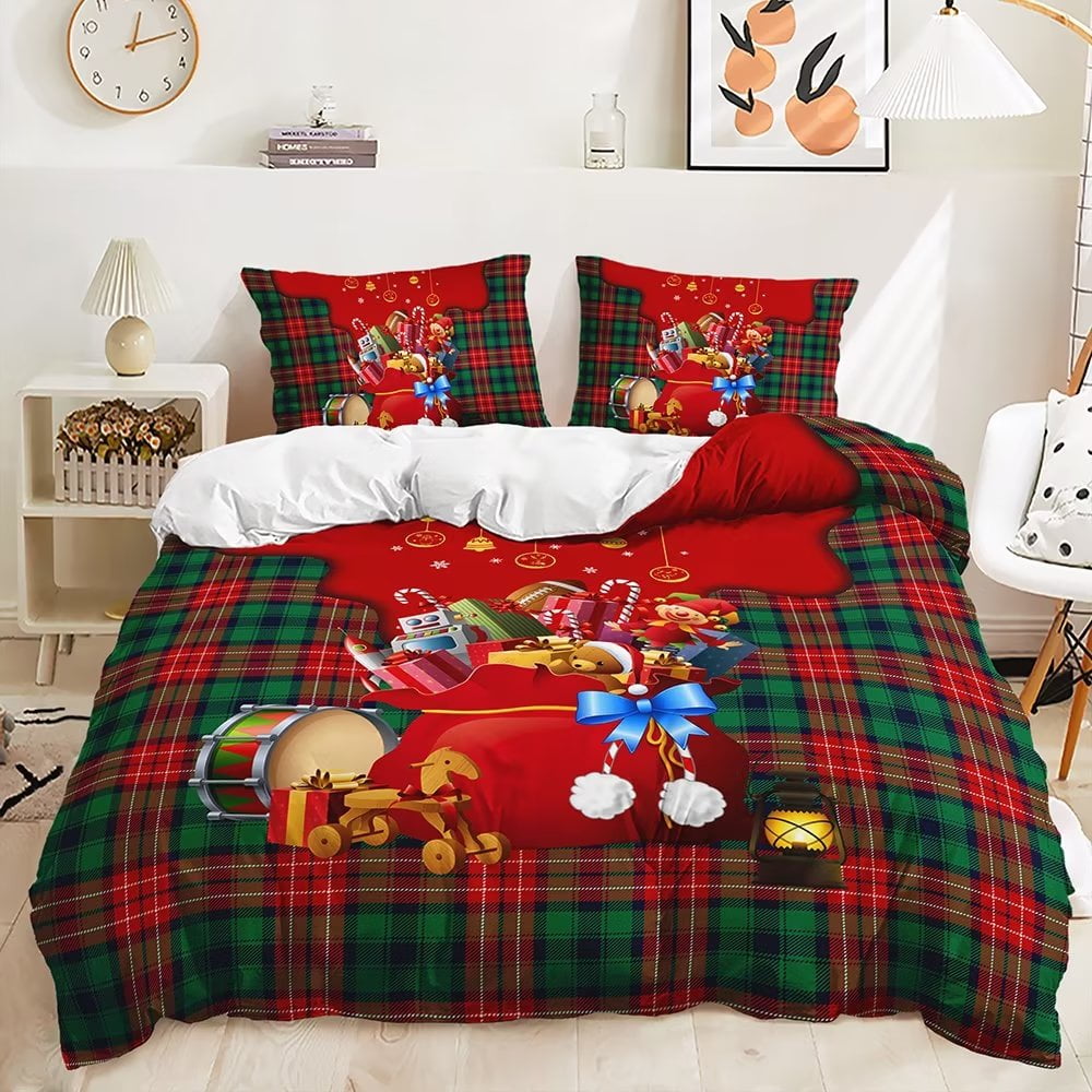 ZHH Red and Green Plaid Christmas Duvet Covers Queen Size 3D Christmas