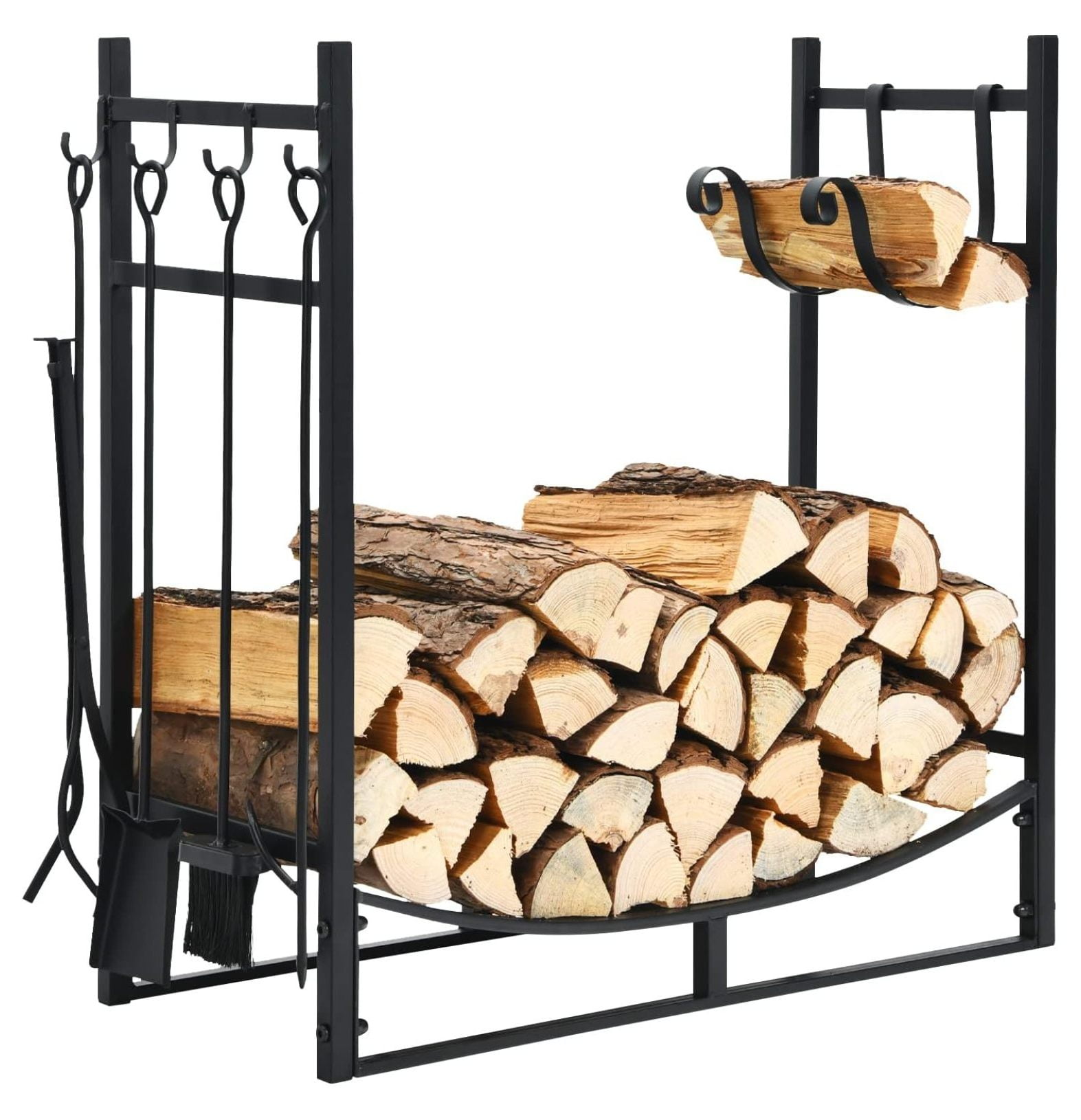 Black Steel Firewood Rack with 4-Piece Tool Set and Kindling Holders