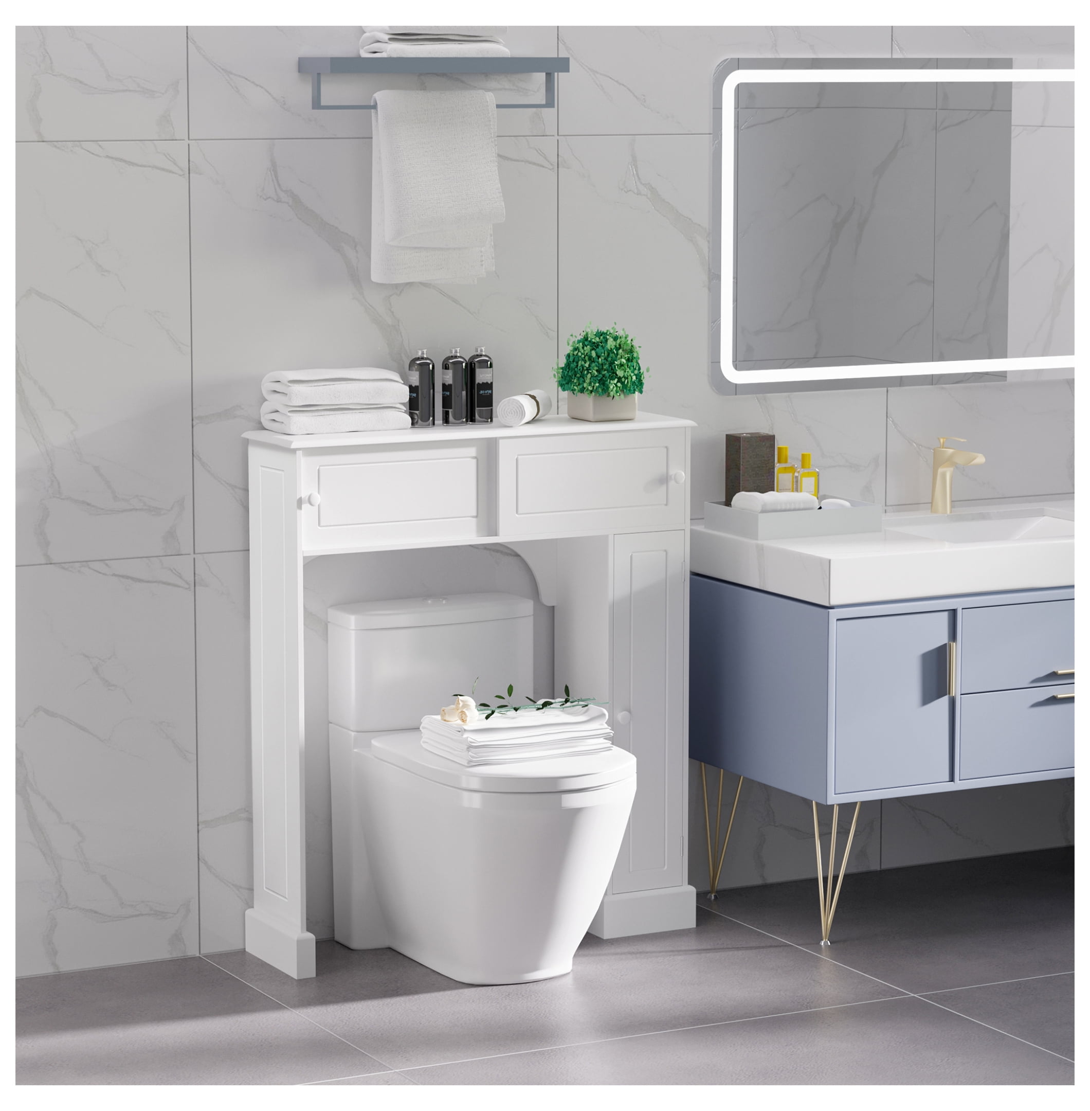 White MDF Over-The-Toilet Storage Cabinet with Adjustable Shelves