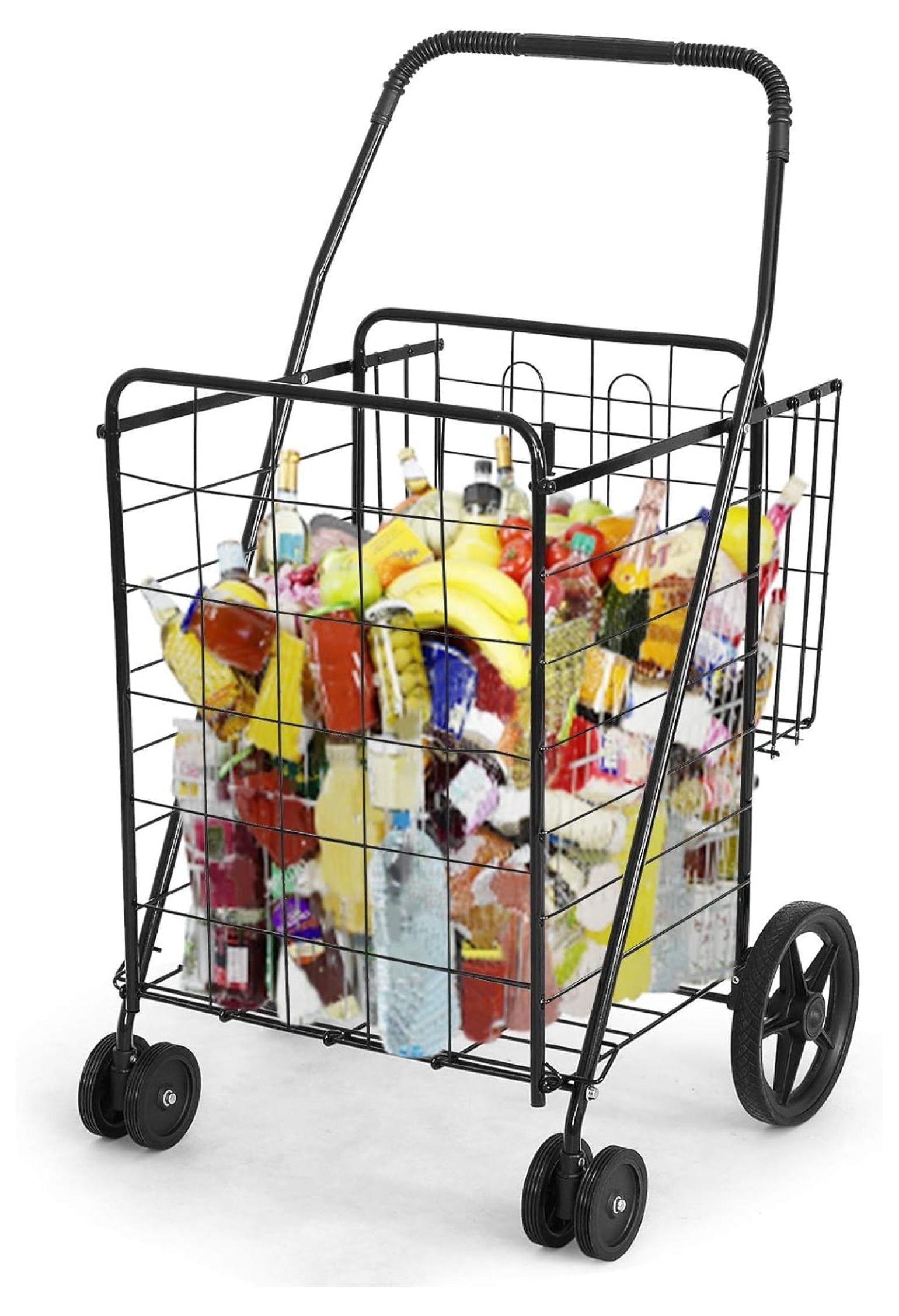 Black Metal Folding Utility Cart with Dual Baskets and Swivel Wheels