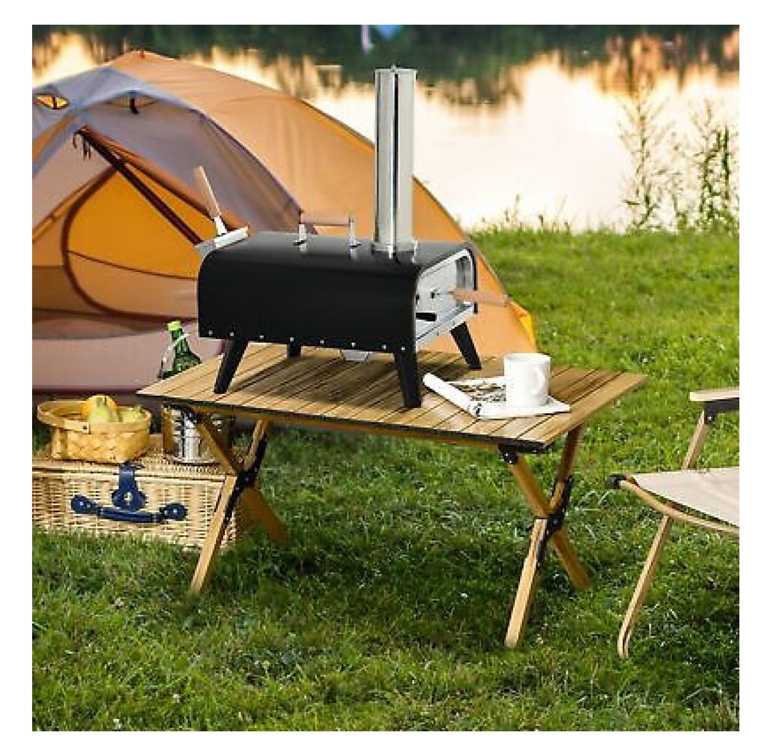Portable Black Stainless Steel Outdoor Pizza Oven with Rotating Stone