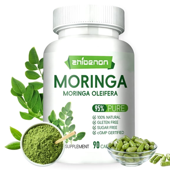 ZHIBENON Moringa Oleifera Capsules 90 Counts 95% Pure 100% Natural Gluten-Free for Immune & Digestive Health Support
