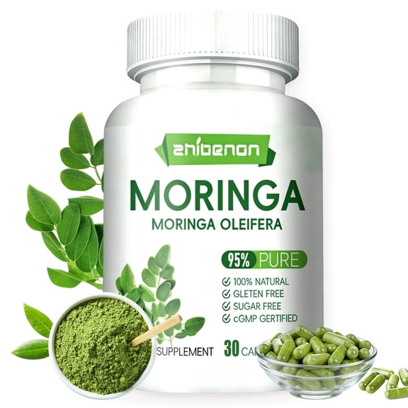 ZHIBENON Moringa Oleifera Capsules 95% Pure 100% Natural Gluten-Free Immune and Digestive Health Support 30 Counts