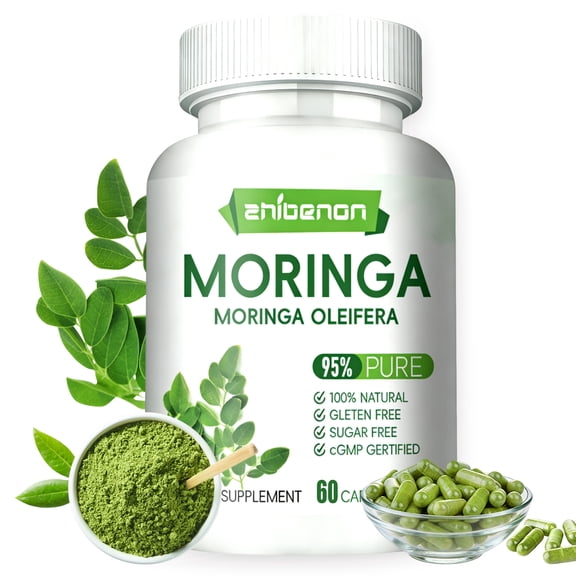 ZHIBENON Moringa Oleifera Capsules, 95% Pure, 100% Natural, Gluten-Free, Immune and Digestive Health Support, 60 Count