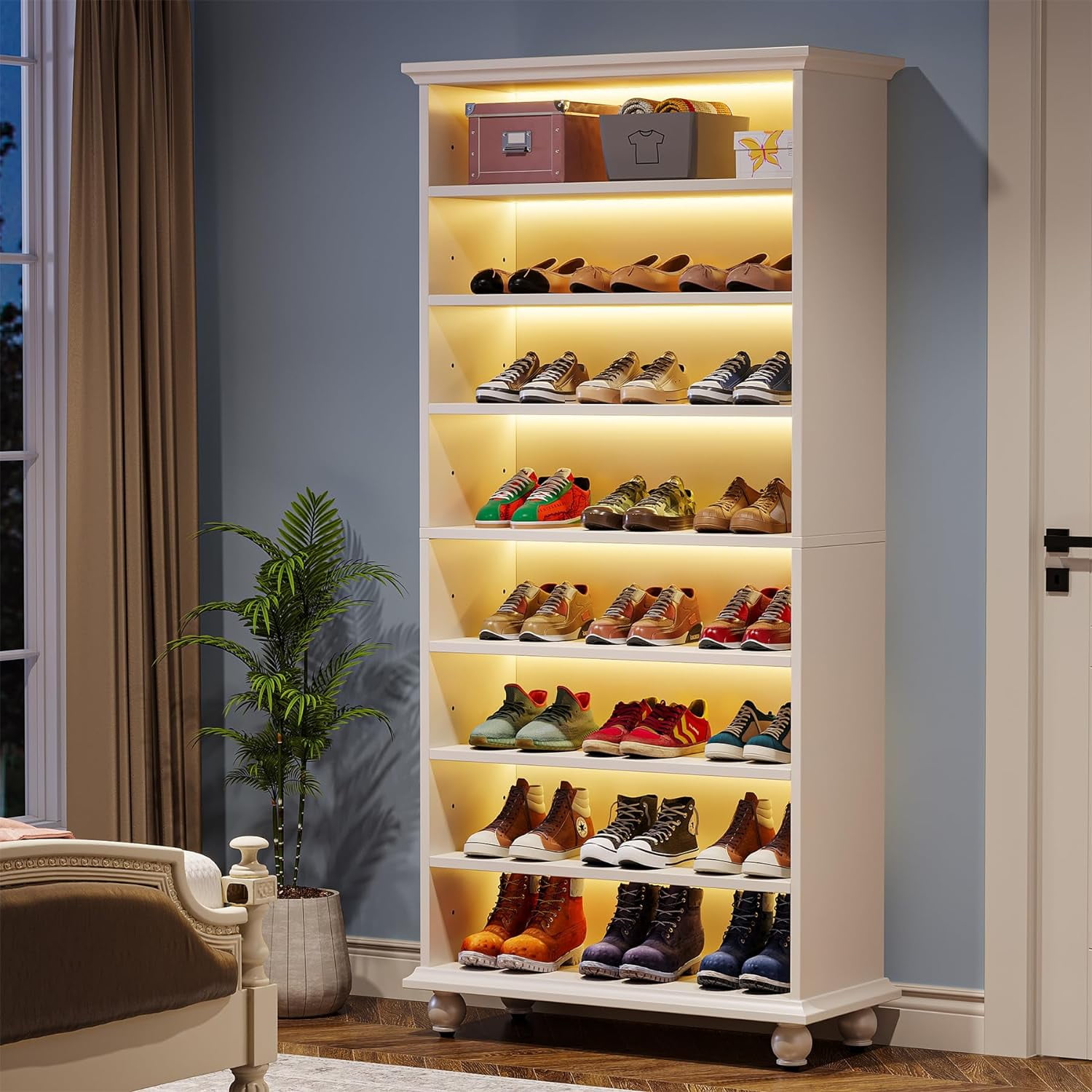 ZHIBING Narrow Tall Shoe Cabinet with LED Lighting 9 Tier 30 Pairs Freestanding Shoes Storage Cabinet Wood Shoe Organizer Cabinet with Solid Wooden Legs for Entryway 1 White Walmart