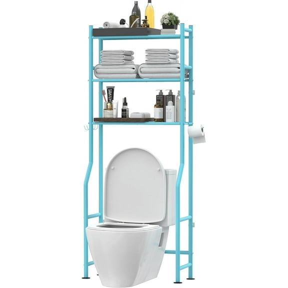 ZHIBO 3-Tier Over The Toilet Storage, Metal Freestanding Shelf with 4 Hooks & Paper Holder, Blue