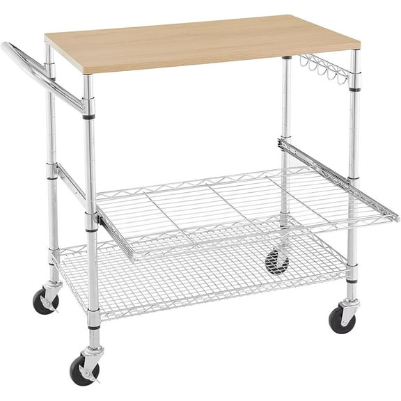 ZHIBO 3-Tier Rolling Kitchen Cart with Wood Tabletop, Slider Shelf, Hooks