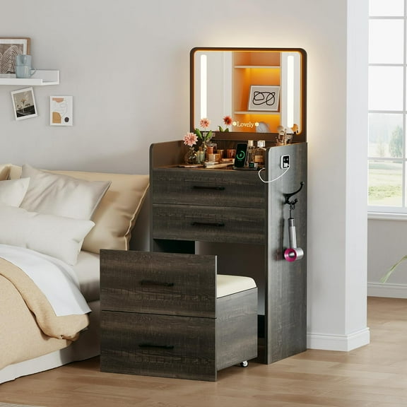 ZHIBO 3-in-1 Vanity Desk with Flip Top Mirror, Lights, Glass Top, 3 Drawers, Rolling Stool, Charging Station, Rustic Oak
