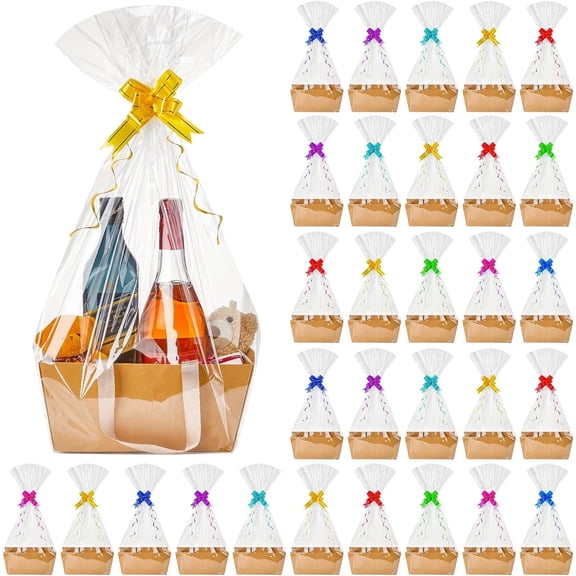ZHIBO 30-Piece DIY Gift Basket Kit, Kraft Tray with Handle, Includes Bags & Bows