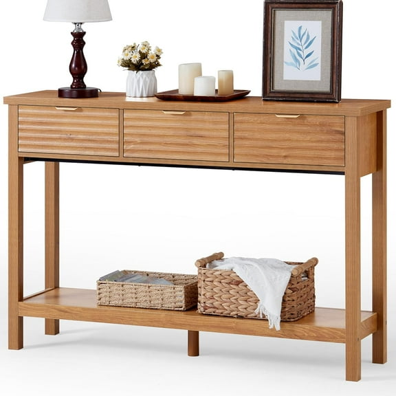 ZHIBO 47.2" Fluted Console Table with 3 Drawers, Modern Wood 2-Tier Entryway Table with Open Shelf, Tea Brown, for Living Room, Hallway, Foyer