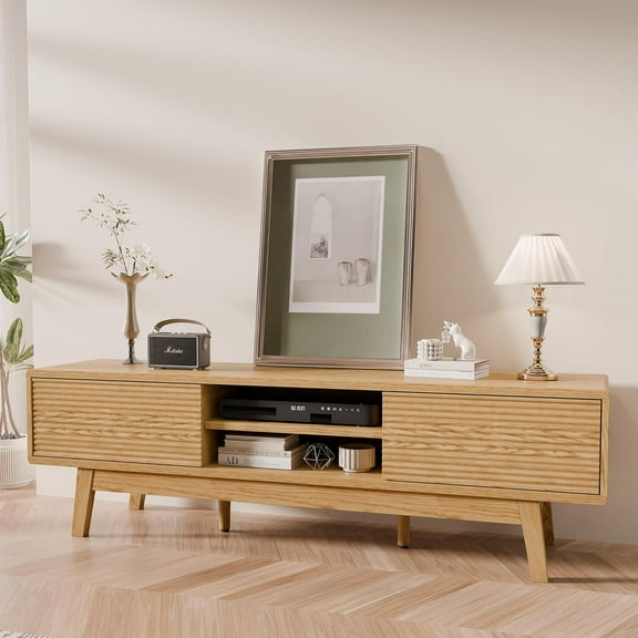 ZHIBO 59" Mid Century Modern TV Stand with Fluted Sliding Doors, Low Profile TV Console for 43-65 inch TVs, Boho Credenza for Living Room, Oak