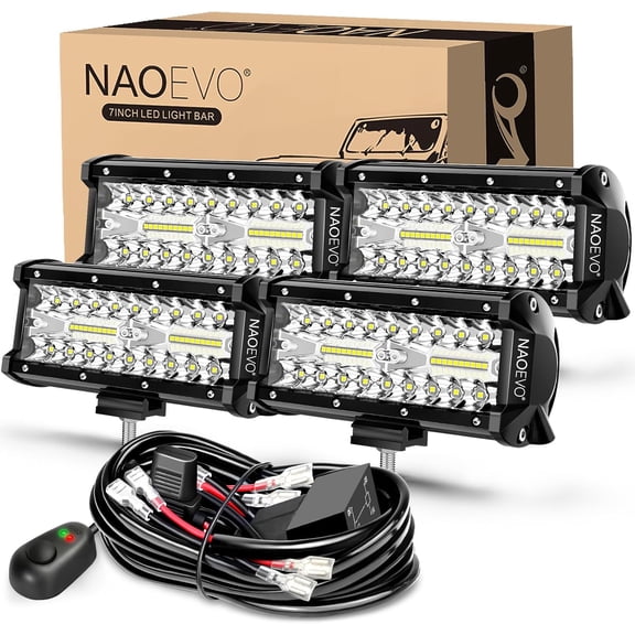 ZHIBO 7 Inch LED Light Bar, 4-Pack with Wiring Harness, White Off Road Fog Lights