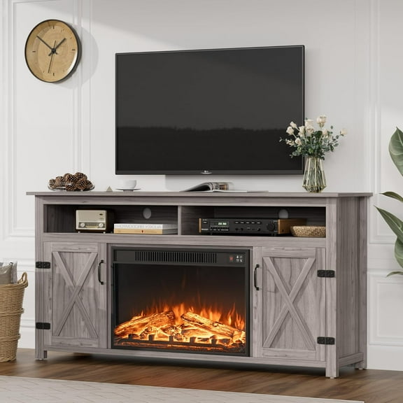 ZHIBO Fireplace TV Stand for TVs up to 65 inches, Entertainment Center with Barn Doors & Storage Cabinets, Media Console for Living Room, Grey