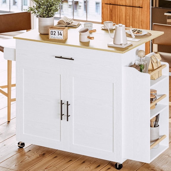 ZHIBO Kitchen Island with Drop Leaf, Spice Rack, Cabinet, Drawer, White