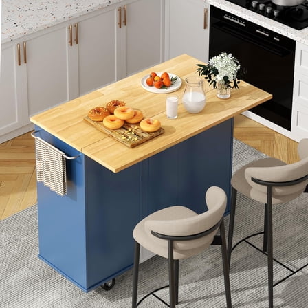 ZHIBO Kitchen Island with Folding Drop Leaf, Storage, Seating Area, Blue