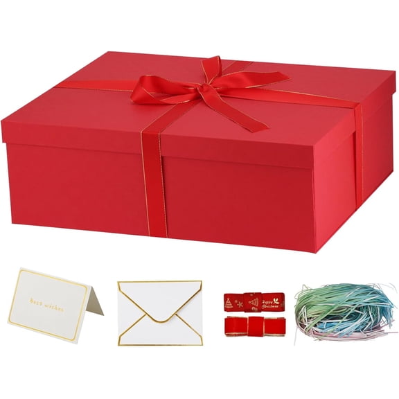 ZHIBO Large Gift Boxes with Lids, Red Holiday Packaging with Card, Ribbon & Filler