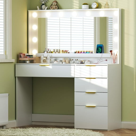 ZHIBO Makeup Vanity Desk with Lights, Large Mirror, 39.3" Desk, 3 Lighting Colors, 5 Drawers
