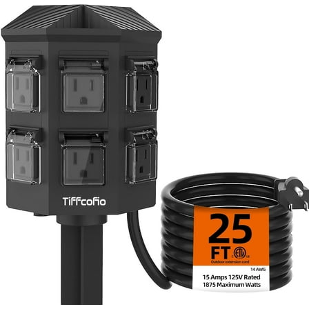 ZHIBO Outdoor Power Strip Weatherproof - 25 FT Extension Cord with 6 Outlets & Stake - 15A/1875W ETL Listed