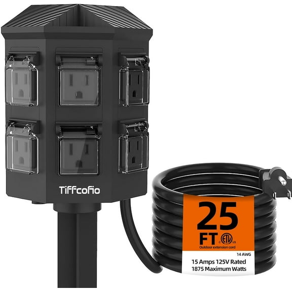 ZHIBO Outdoor Power Strip Weatherproof - 25 FT Extension Cord with 6 Outlets & Stake - 15A/1875W ETL Listed