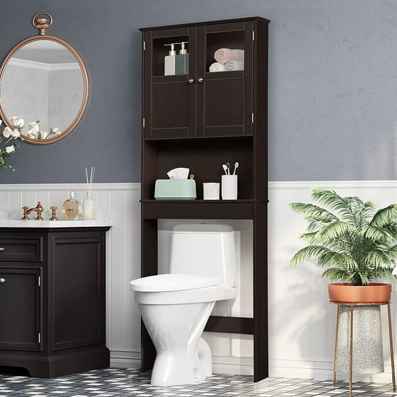ZHIBO Over The Toilet Storage Cabinet with Double Glass Doors & Adjustable Shelf, Freestanding Organizer, Brown