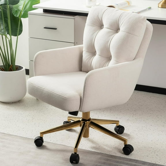 ZHIBO Plush Fabric Office Chair with Lumbar Support, Gold Legs, Beige