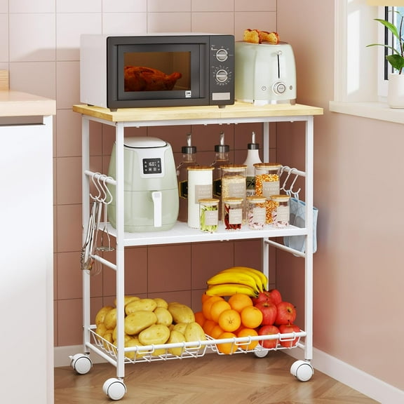 ZHIBO Rolling Microwave Cart, 3-Tier, Storage Basket, Hooks, for Balcony