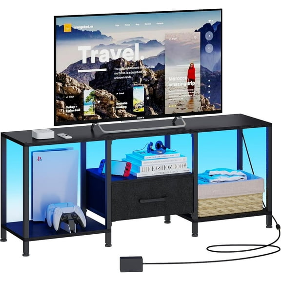 ZHIBO TV Stand with LED Lights, Entertainment Center with Open Shelves & Fabric Drawer, Media Console for 55 inch TV, Black