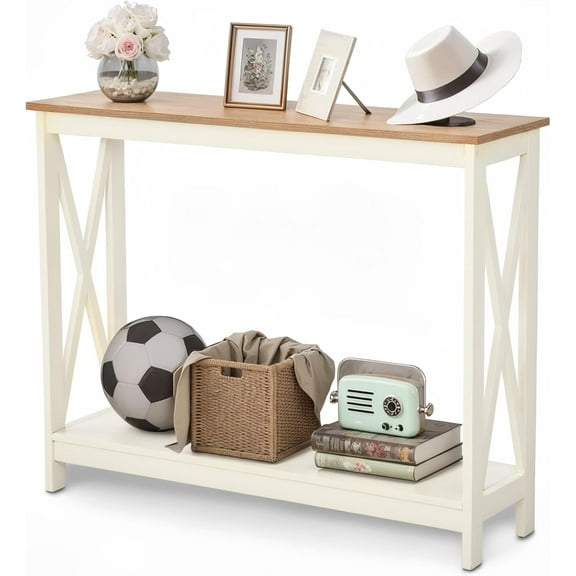 ZHIBO Vintage Farmhouse Entryway Console Table, 2-Tier Narrow Sofa Table with Storage Shelf, Rustic White, for Living Room, Hallway