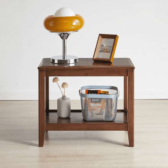 ZHICHUN 100% Solid Rubber Wood 2-Tier Rustic Side End Table with Open Storage Shelf, Walnut Finish Multi-Purpose Sofa Side Table Indoor Plant Stand for Living Room Small Space Home Office