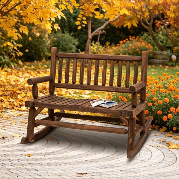 ZHICHUN 2 Person Walnut Solid Fir Wood Rocking Loveseat 550lbs Capacity Outdoor Rocking Chair Bench For Backyard Garden Patio Front Porch