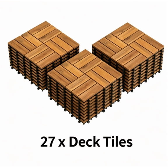ZHICHUN 27 PCS Natural Acacia Wood Interlocking Deck Tiles 12x12 Inch Waterproof Anti Slip Outdoor Flooring with PP Drainage Base for Patio Balcony Bathroom