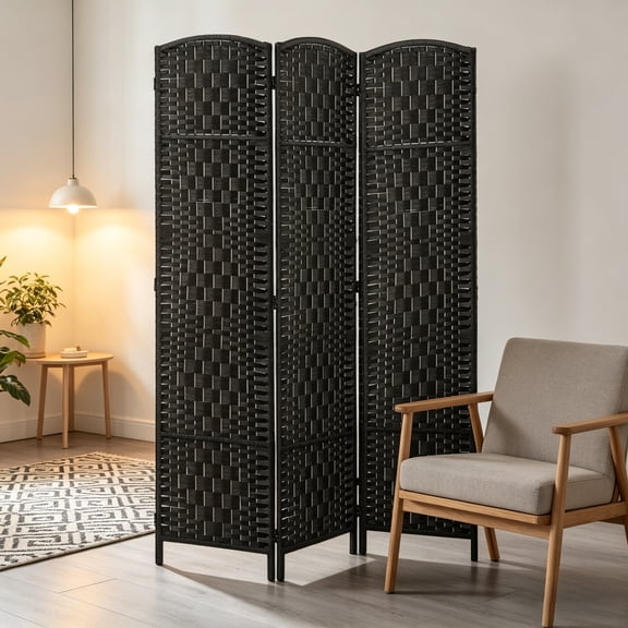 ZHICHUN 3-Panel Folding Privacy Screen Coffee Wicker Woven Room Divider with Arched Top Poplar Wood Frame
