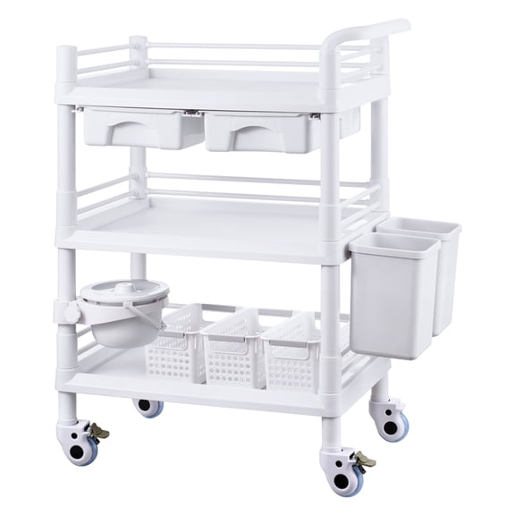 ZHICHUN 3 Tiers Mobile Medical Lab Cart With 3 Trays And 3 Trash Cans PP ABS Material 110 Lbs Load Capacity Rolling Utility Trolley With Silent Lockable Wheels For Clinic Hospital Salon Office