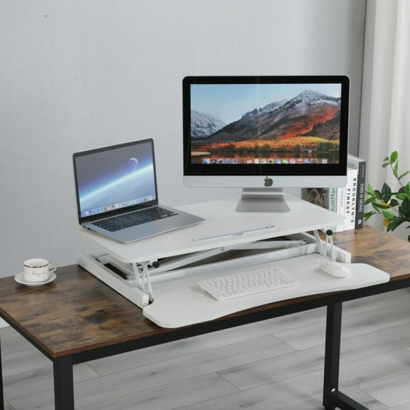 ZHICHUN 32 Inch Height Adjustable Sit to Stand Desk Riser, Dual Monitor Workstation with Wide Keyboard Tray, Ergonomic Standing Desk Converter (White, MDF+Metal)