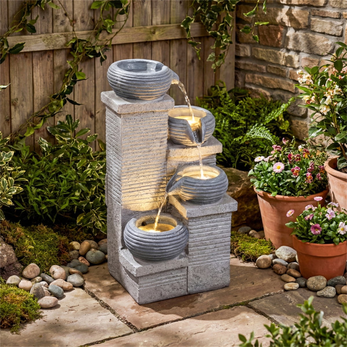 ZHICHUN 4-Tier Cascading Water Fountain, Warm White LED Lights Resin Indoor Outdoor Gray Water Feature