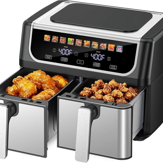 ZHICHUN 9.5 Quart Dual Basket Air Fryer 10 Presets Independent Temp Control with Sync Mode