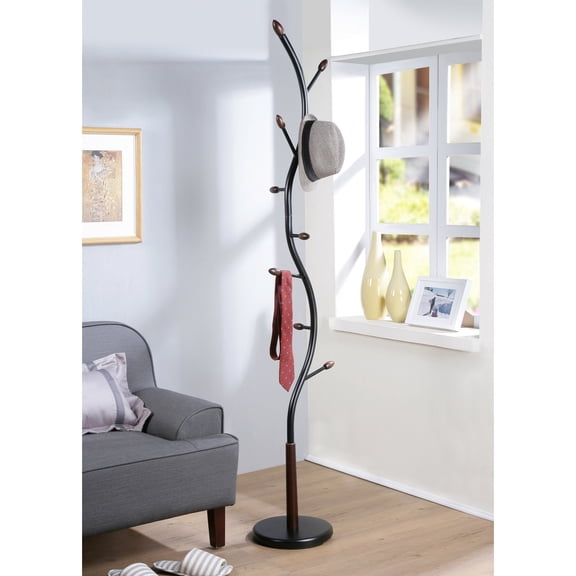 ZHICHUN 9‑Hook Standing Coat Rack, White Metal Frame with Oak Wood Accents, Freestanding Entryway Garment Hanger, 11×11×74.8in