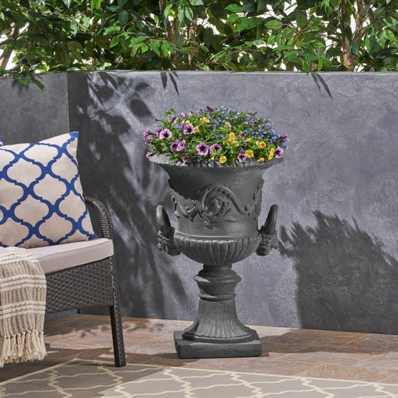 ZHICHUN Antique Gray MGO Garden Urn Planter 28.25 Inch Height Roman Chalice Design Lightweight Concrete Pedestal Urn Planter with Square Base No Assembly Required