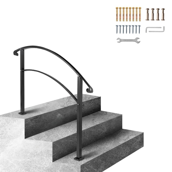 ZHICHUN  Black Wrought Iron Outdoor Step Handrail Flexible Transitional Stair Railing Fits 1 to 3 Steps Safety Porch Hand Rail For Concrete And Wooden Stairs
