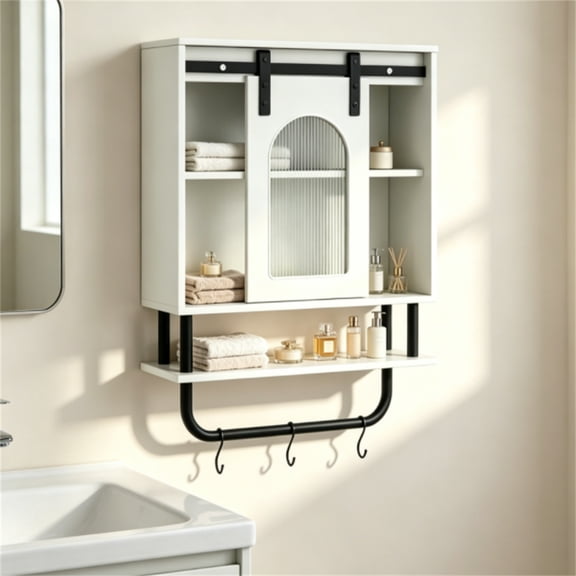 ZHICHUN Farmhouse Industrial WallMounted Bathroom Cabinet, 3Tier Storage Organizer with Sliding Fluted Door & Towel Hooks, Wooden Medicine Cabinet for Bathroom Kitchen Laundry Room