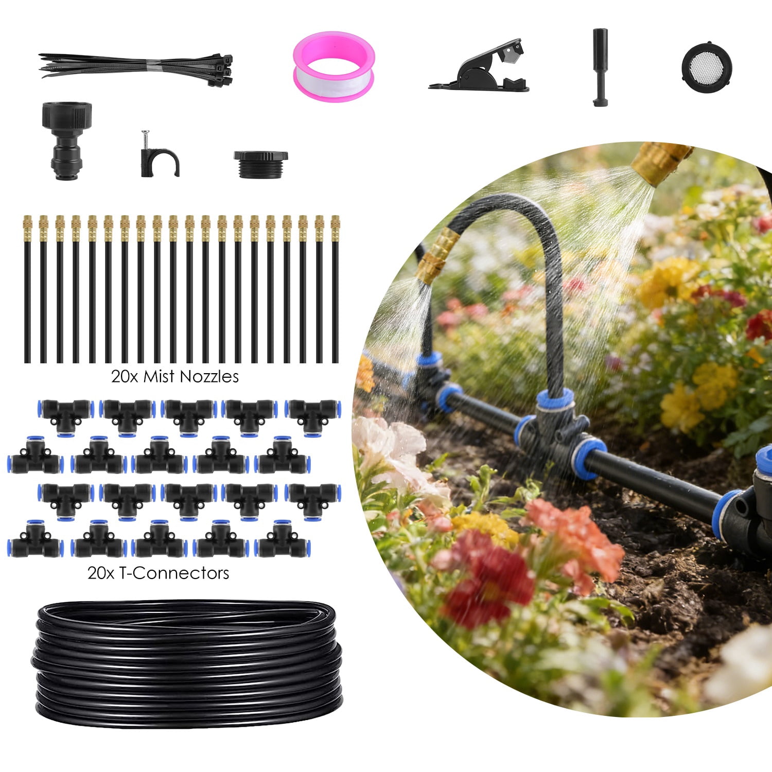ZHICHUN  Garden Drip Irrigation Kit With 360 Degree Bendable Misting Nozzles Automatic Watering System For Lawn Greenhouse Flower Bed Patio Cooling