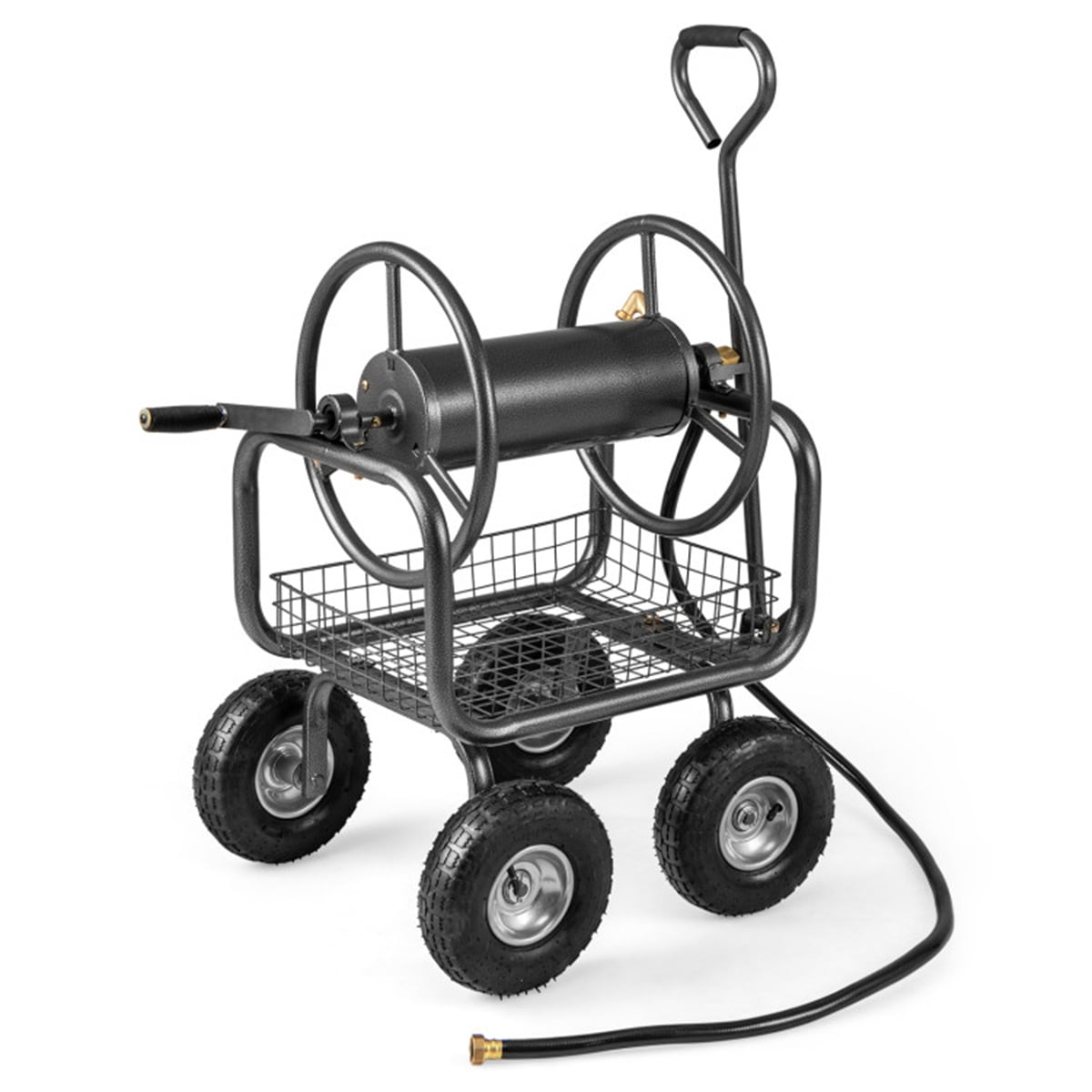 ZHICHUN  Gray Heavy Duty Garden Hose Reel Cart With 10 Inch Pneumatic Wheels Large Capacity Hose Winder With Storage Basket And Brass Fittings For Lawn Yard Garden Watering