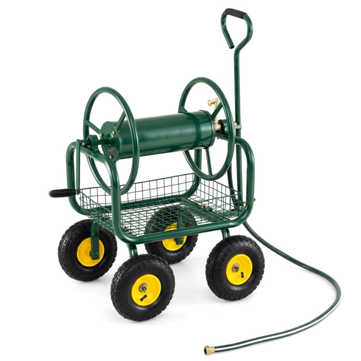 ZHICHUN  Green Heavy Duty Garden Hose Reel Cart With 10 Inch Pneumatic Wheels Large Capacity Hose Winder With Storage Basket And Brass Fittings For Outdoor Lawn Yard Watering