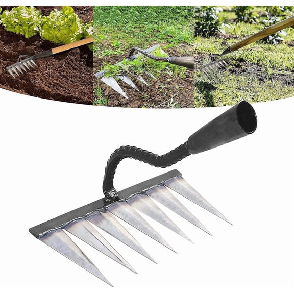 ZHICHUN Heavy Duty Garden Rake with 7 Metal Tines All Steel Hardened Hand Rake for Backyard Lawn Loosening Planting Weeding