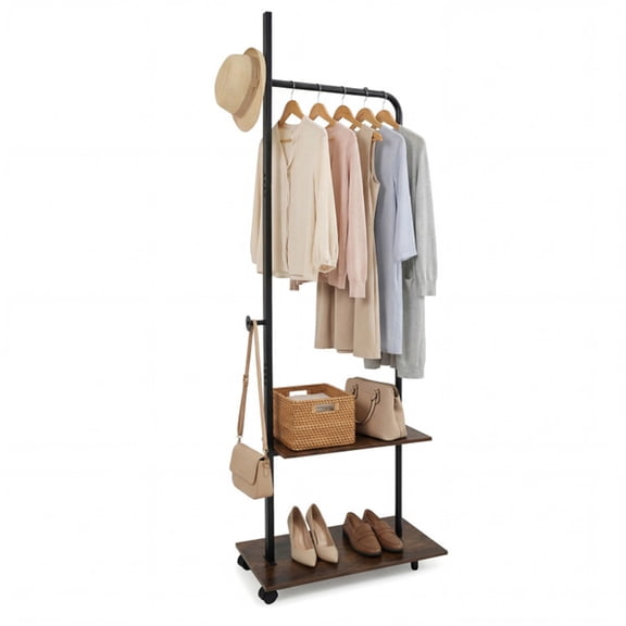 ZHICHUN Industrial Rolling Clothing Rack, Freestanding Garment Rack with 2 Wooden Shelves & Hooks, Rustic Brown Black Metal Coat Rack for Bedroom Entryway
