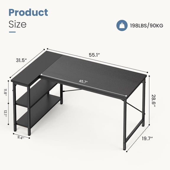 ZHICHUN L-Shaped Office Desk 39-55 Inch Reversible Computer Writing Desk with Adjustable Storage Rack