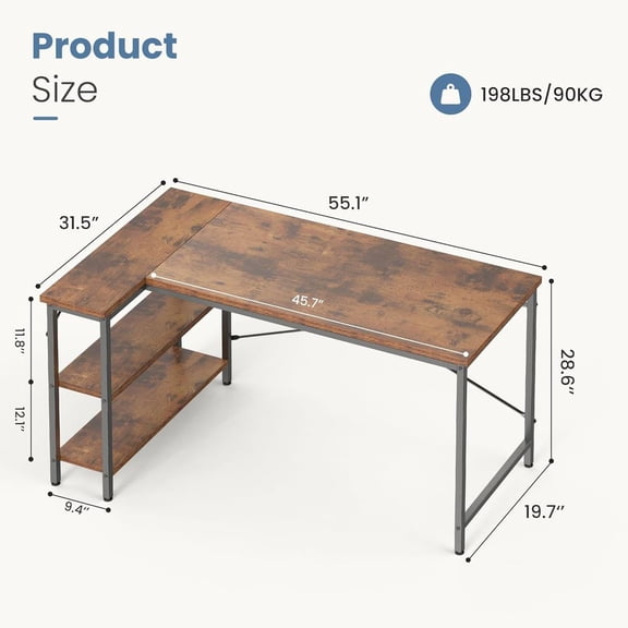 ZHICHUN L-Shaped Office Desk 39-55 Inch Reversible Computer Writing Desk with Adjustable Storage Rack