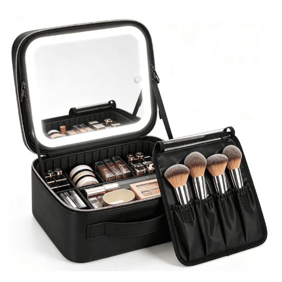 ZHICHUN Makeup Bag with LED Lighted Mirror, Large PU Travel Cosmetic Organizer with 3Color Dimmable Lights, Adjustable Dividers & Brush Holder for Women Makeup Artists